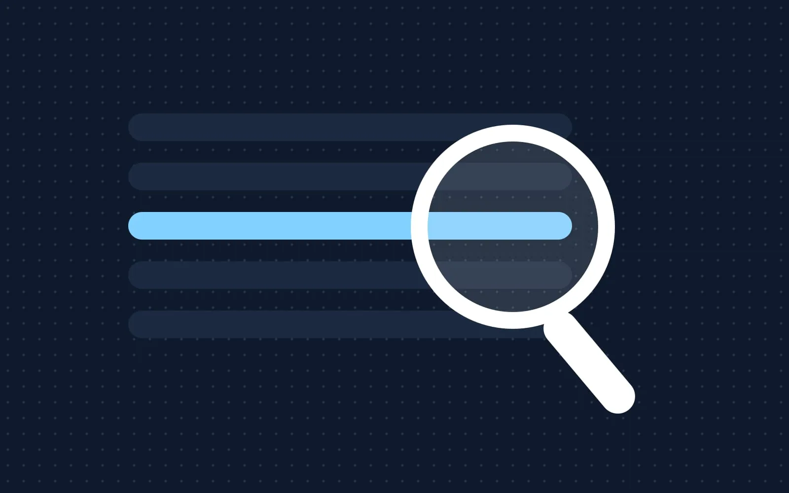 Abstract illustration: a magnifying lens over rows of data, one row highlighted