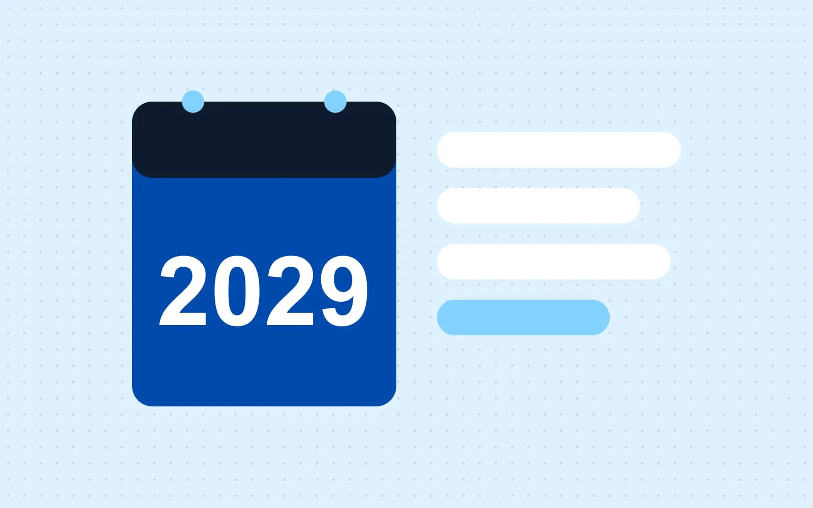 Abstract illustration: a calendar page marked 2029 next to a stack of ledger rows